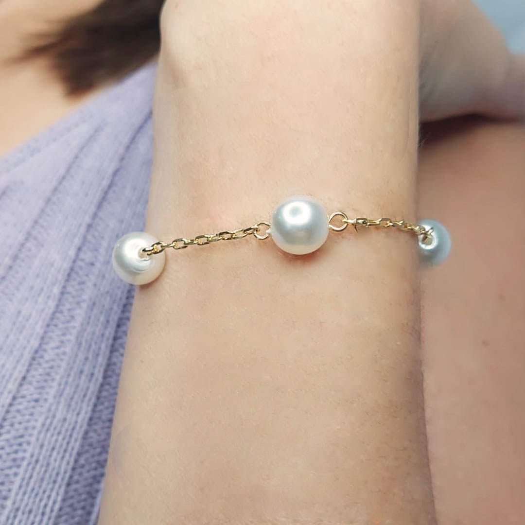 Pulseira De Pérolas Grandes Folheado Em O...